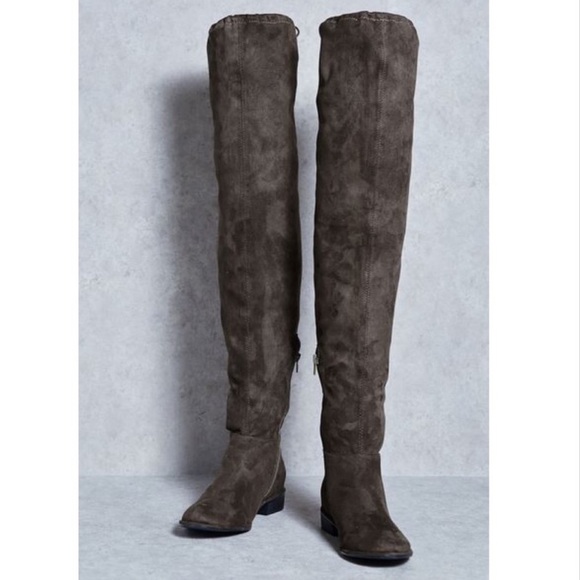 Dark Olive Over The Knee Tie Back Flat Boots - Picture 3 of 4